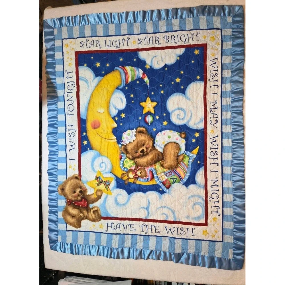 343. Vintage Baby Crib Quilt Teddy Bear Moon & Stars Blue Nursery Blanket